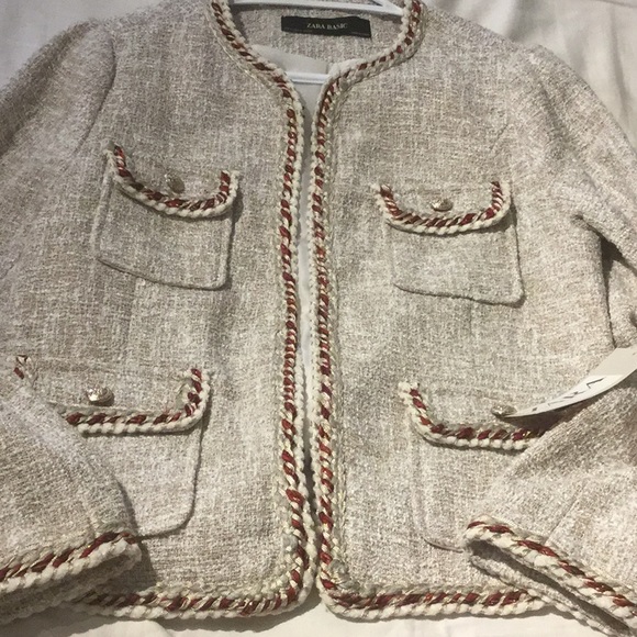 Zara texture jacket/blazer beige cream  with contrast piping pockets & buttons - Picture 2 of 11